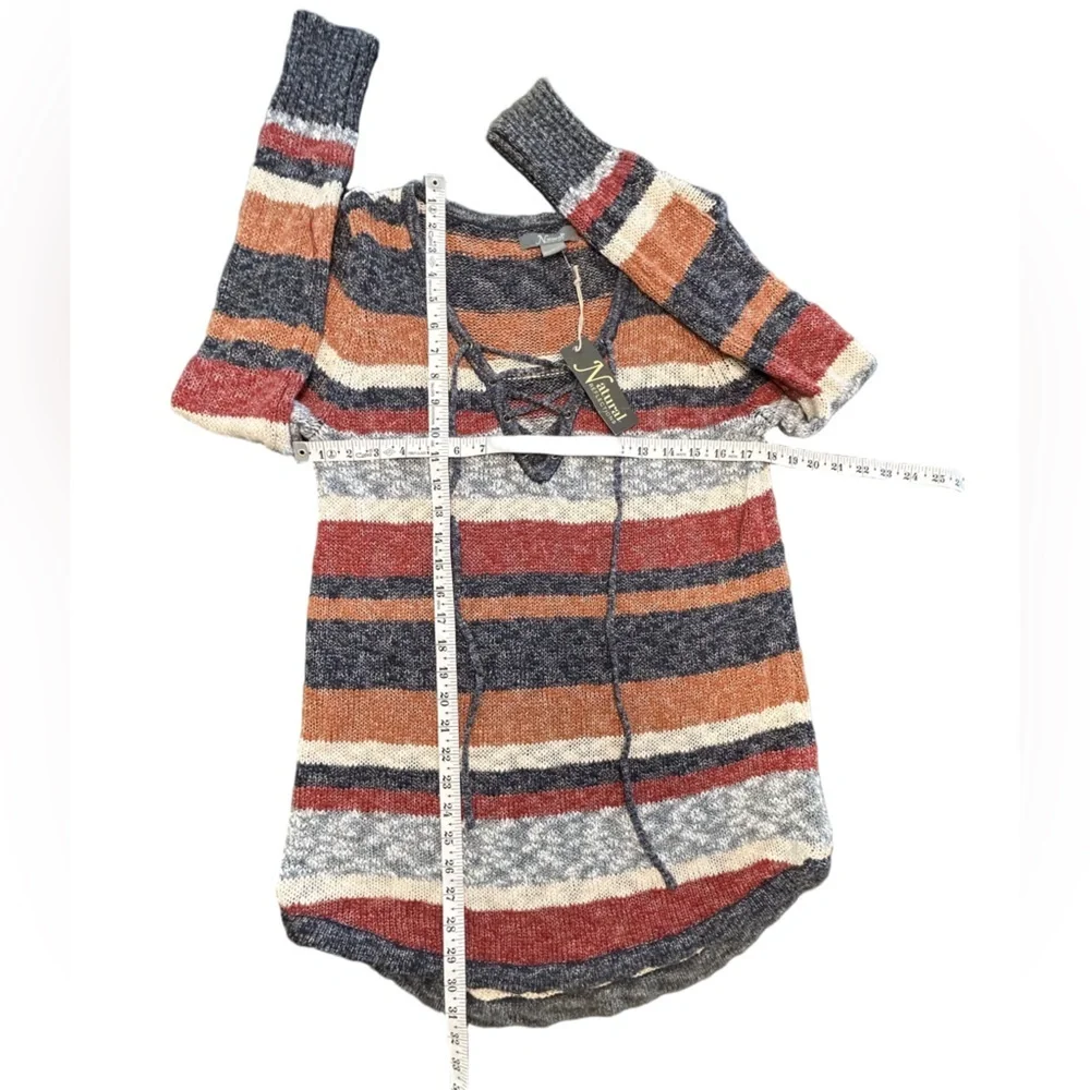 Natural Reflections NWT Lace Up Sweater Striped Knit Pullover Cozy Fall cabin L